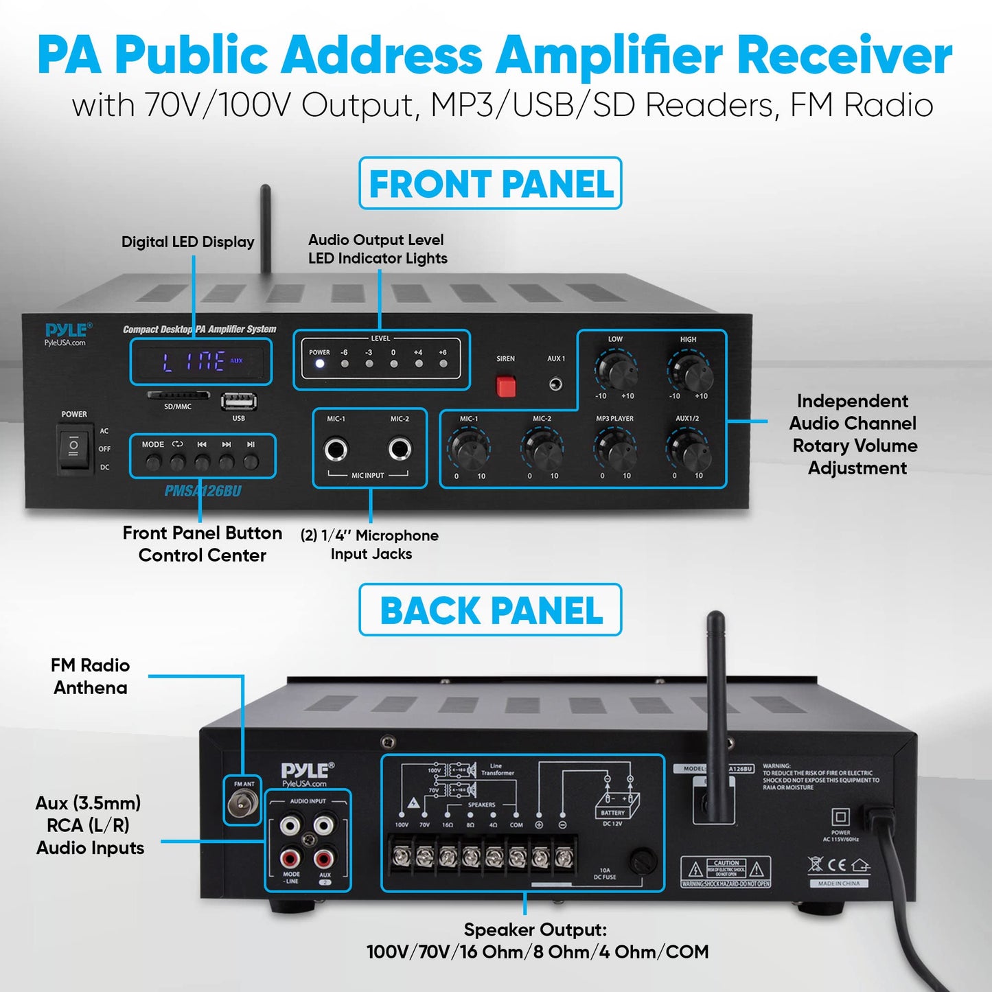 Pyle Wireless Bluetooth Public Address Amplifier - 500W Compact Mini Digital Home Power Audio Sound Pa Receiver System W/ 70V 10