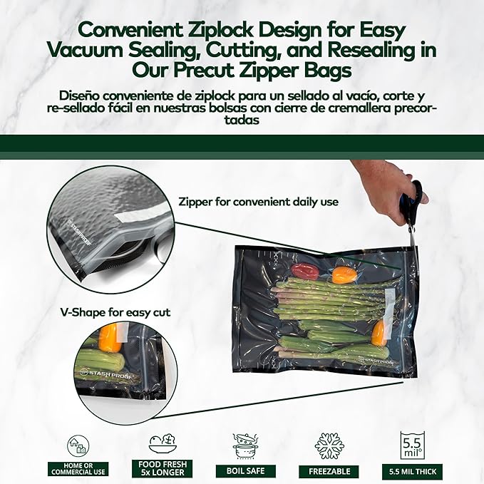 Stash Proof Resealable Zipper Vacuum Seal Bags 8" x 12" (100 Count) 5.5 Mil (Black and Clear) - BPA Free Commerical Grade Food Saver for Storage, Sous Vide, and Meal Prep Sealer Bag
