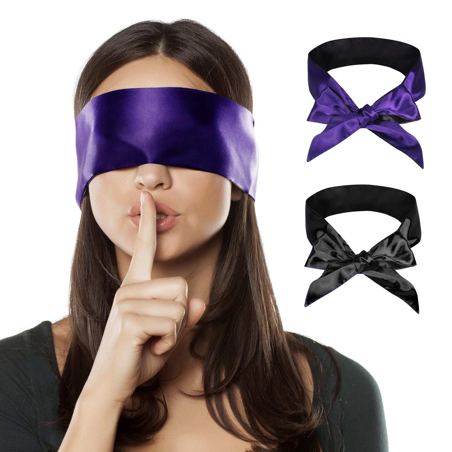 FRESHME 2pc Satin Blindfold Sleep Mask - Valentine's Day Gift Soft Adjustable Blockout Light Silk Eye Sleeping Mask for Couples Bedtime, Double Sides Dark Purple & Black+Black 2pc Set