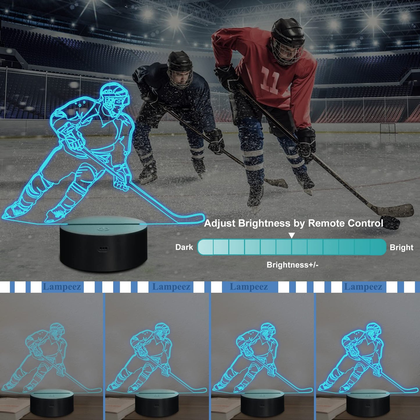 Lampeez 3D Ice Hockey Player Night Light - Multicolored Acrylic With Remote Control, Model Fs-2810-9999, Perfect Gift For Kids