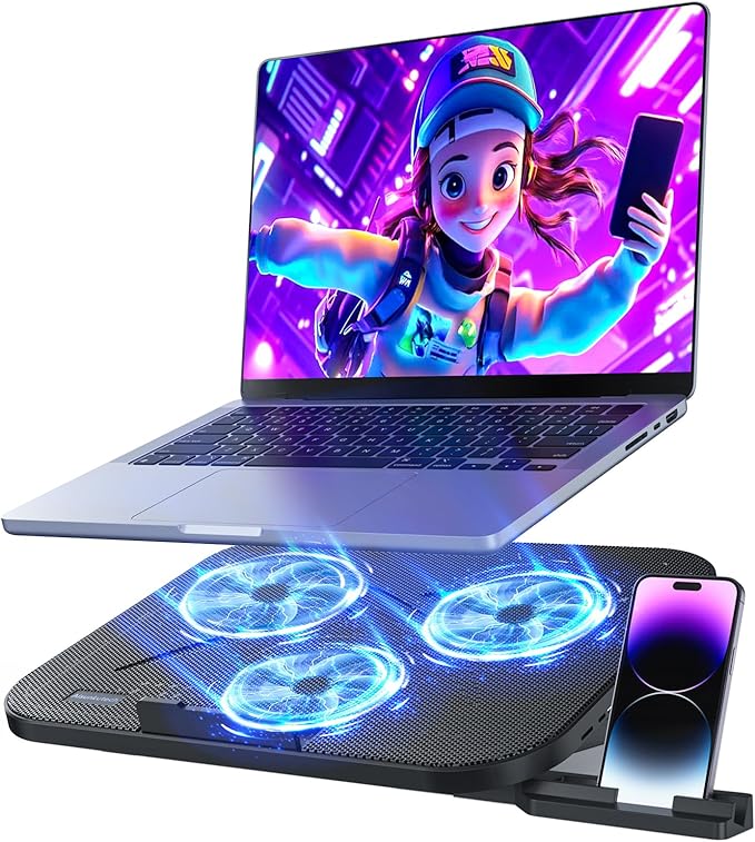 Laptop Cooling Pad with 3 Quiet Fans, 5-Level Height Adjustable Ergonomic Stand, 2 USB Ports & Phone Holder, Fits 12-17 In...