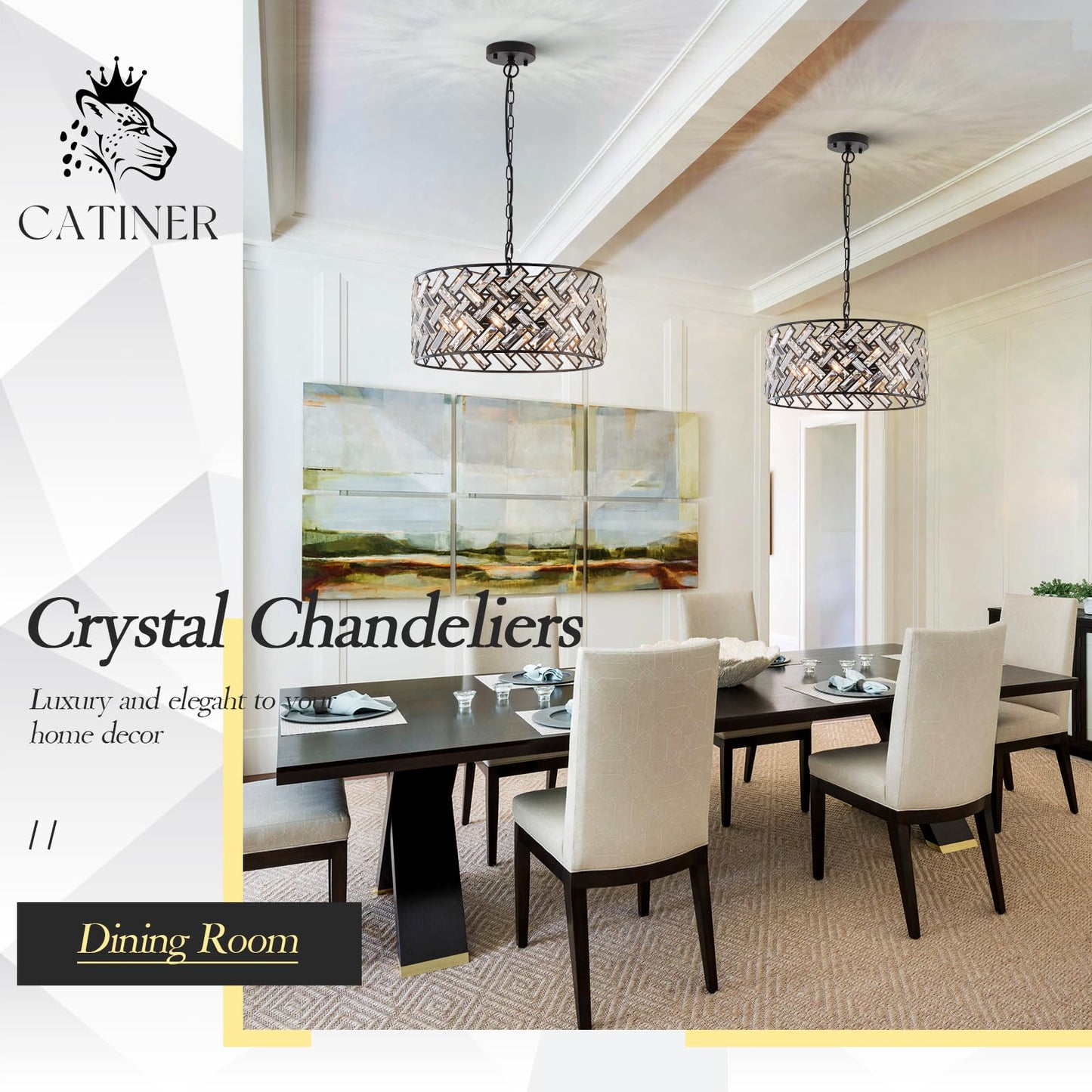 Catiner Black Modern 18 Crystal Chandelier, 6-Light Semi Flush Mount, Metal Drum Shade For Kitchen, Dining Room, Bedroom, Hallway