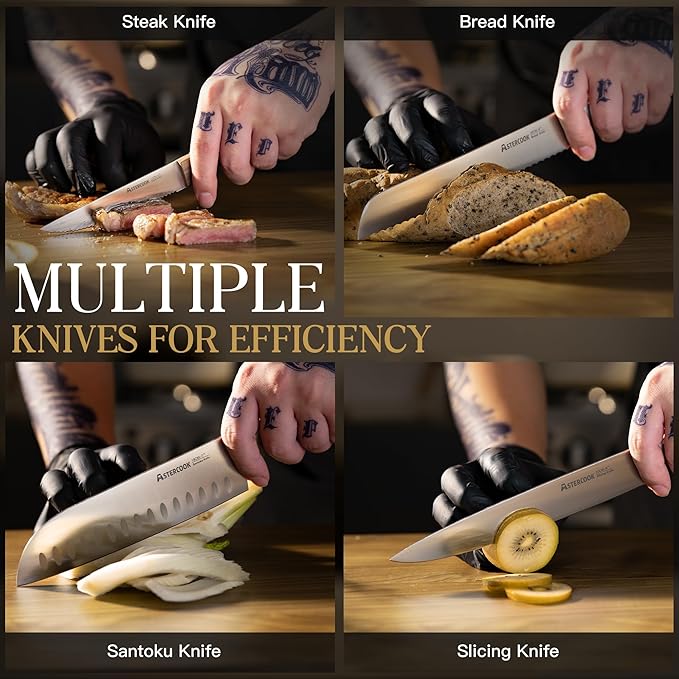 Astercook Knife Set, 17-Pieces Forged Kitchen Knife Set with Block – Full-Tang Stainless Steel Knives, Forged Triple Rivet, Luxury Walnut Handles, Gift-Ready Collection