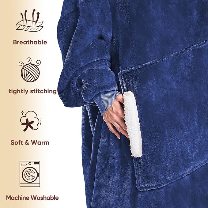 yescool Wearable Blanket Hoodie, Flannel Sherpa Fleece Blanket Sweatshirt for Adults Women Men,One Size Fits All