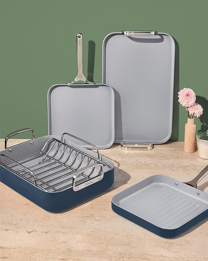 Caraway Square Cookware Set - Square Pans Set - Perfect for Griddling, Toasting, Searing, Roasting, and More - Non-Stick Ceramic Coated Pans - Non Toxic, PTFE & PFOA Free - Cream