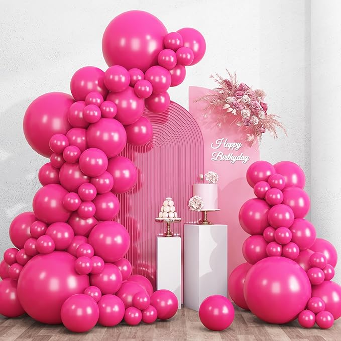 RUBFAC 135pcs Hot Pink Balloons Different Sizes 18 12 10 5 Inch for Garland Arch, Magenta Latex Balloon for Wedding Birthd...