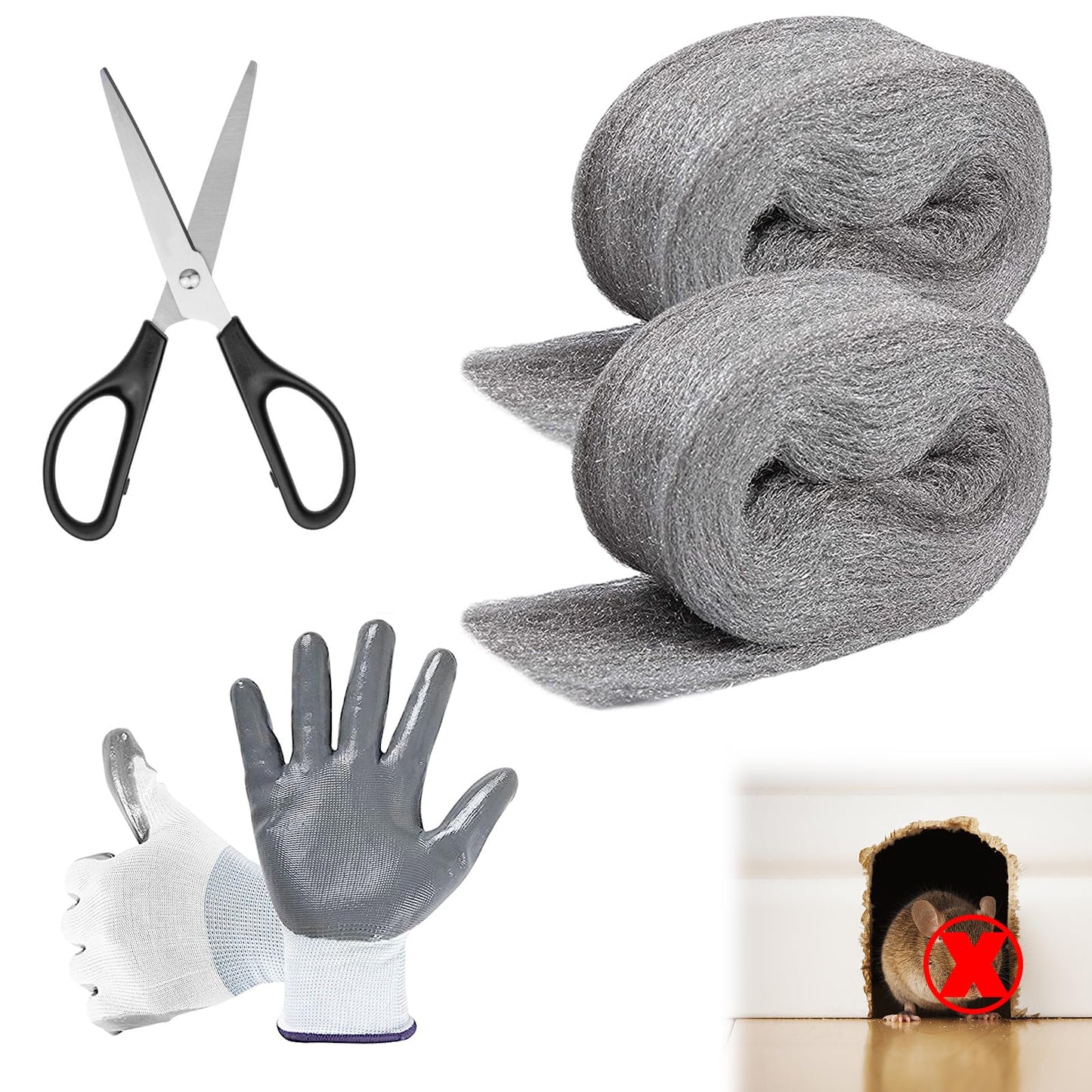 Klfte Steel Wool for Mice Control, 3.2" x12 ft Wool, Gap Filler for Home & Garage, DIY Bundle with Gloves & Scissors - 2 Pack