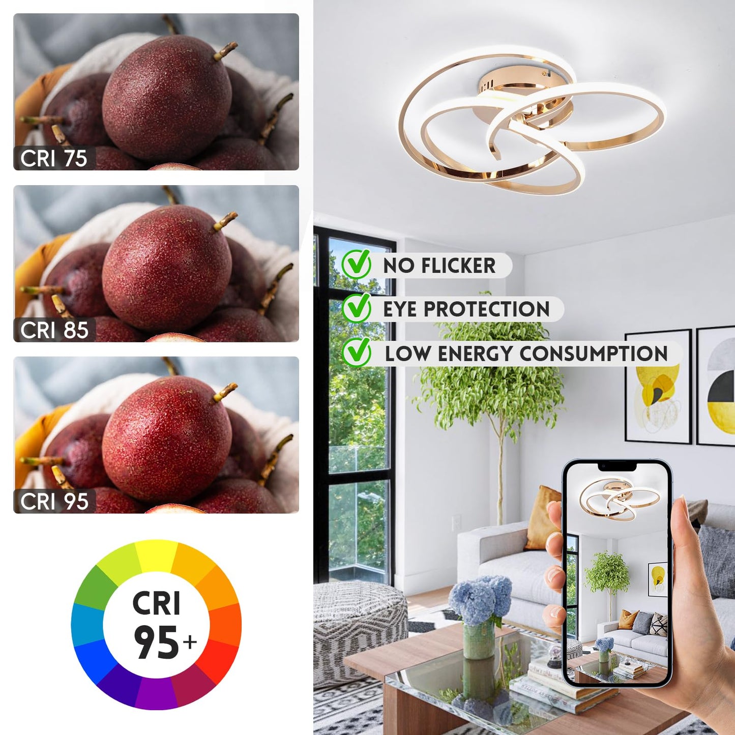 CANEOE Modern LED Ceiling Light Fixture, 42W, Dimmable, Remote Control, Curve Design, Rose Gold, Model CL-3BHFGJ-D