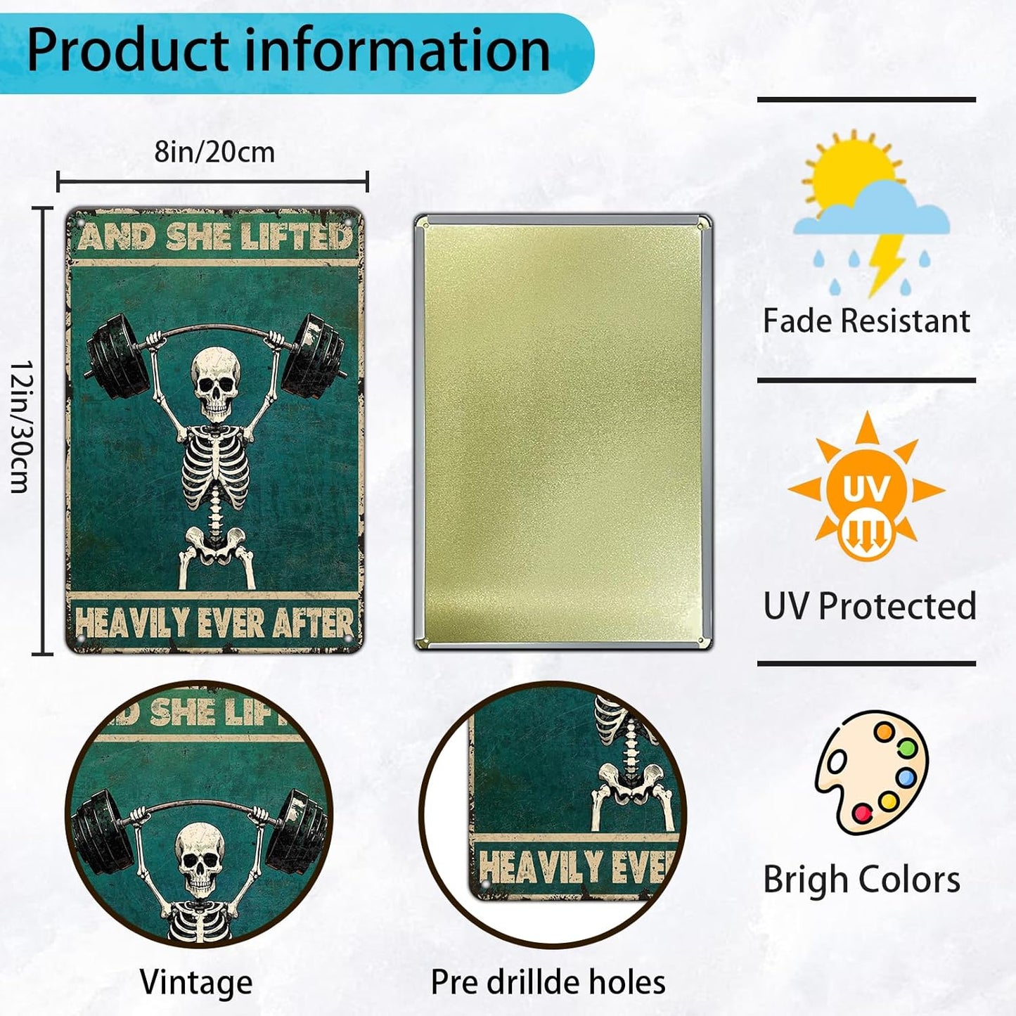 Skeleton Vintage And She Lifted Heavily Ever After Metal Tin Sign 8x12 Inch Gym Metal Poster Funny Skull Gym Tin Sign Home Kitchen Garden Bar Coffee Restaurant Bathroom Are Wall Decor