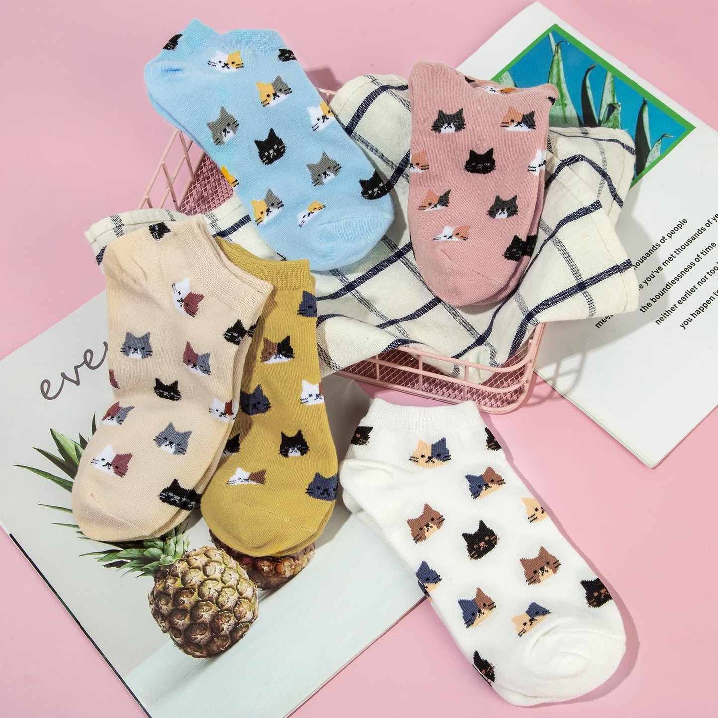 Justay 5 Pairs Cat Socks - Cute Cotton Novelty Funny Animal Fun Ankle Socks for Women Gifts