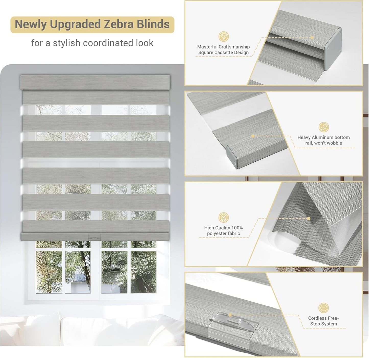 Cordless Zebra Blinds for Windows, Blackout Interior Blinds,Easy to Install,UV Protection,for Offices and Home,Custom Roller Shades, Mousse Light Grey,73" W x 64" H