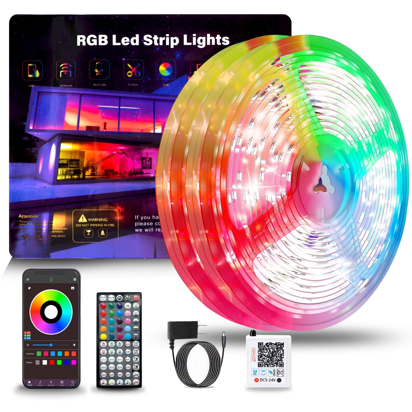 NBBUFF RGB LED Strip Lights 150FT Music Sync, Remote & App Control, Plastic, White, Model NB-rgb00-3