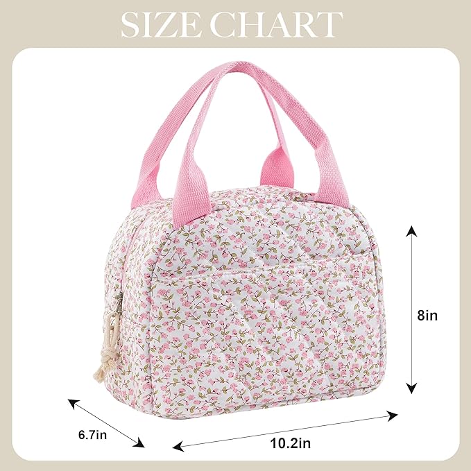 Lunch Bag for Women Insulated Lunch Box Reusable Cooler Bag Portable Cute Floral Quilted Cotton Bag Leakproof Tote Bags for Travel, Work, and Picnic