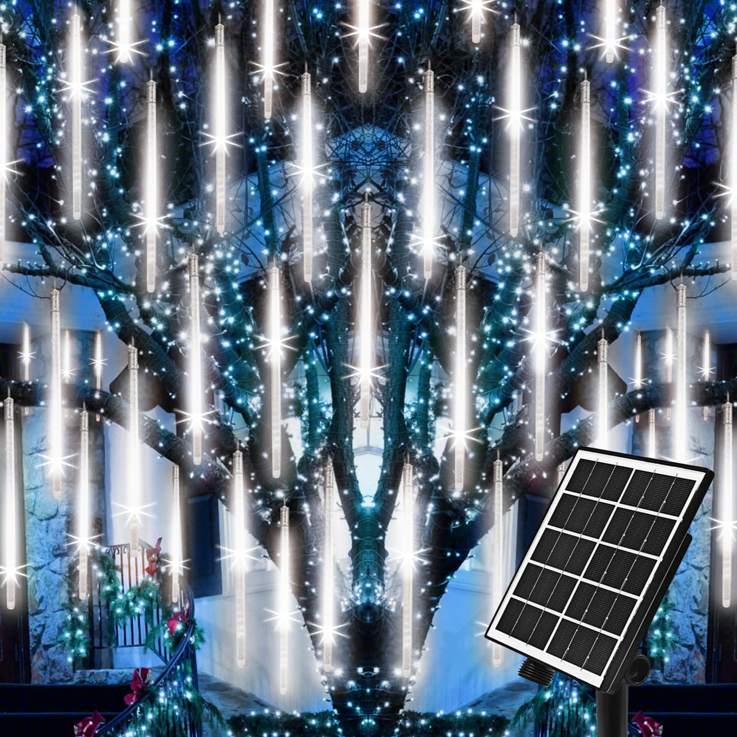 Meteor Shower Lights Outdoor Solar Meteor Light Falling Rain Lights 16 Tubes 16 Inch 576Led Cascading Snowfall Christmas Light For Holiday Wedding New Year Party Yard House Roof Tree Mall Decoration