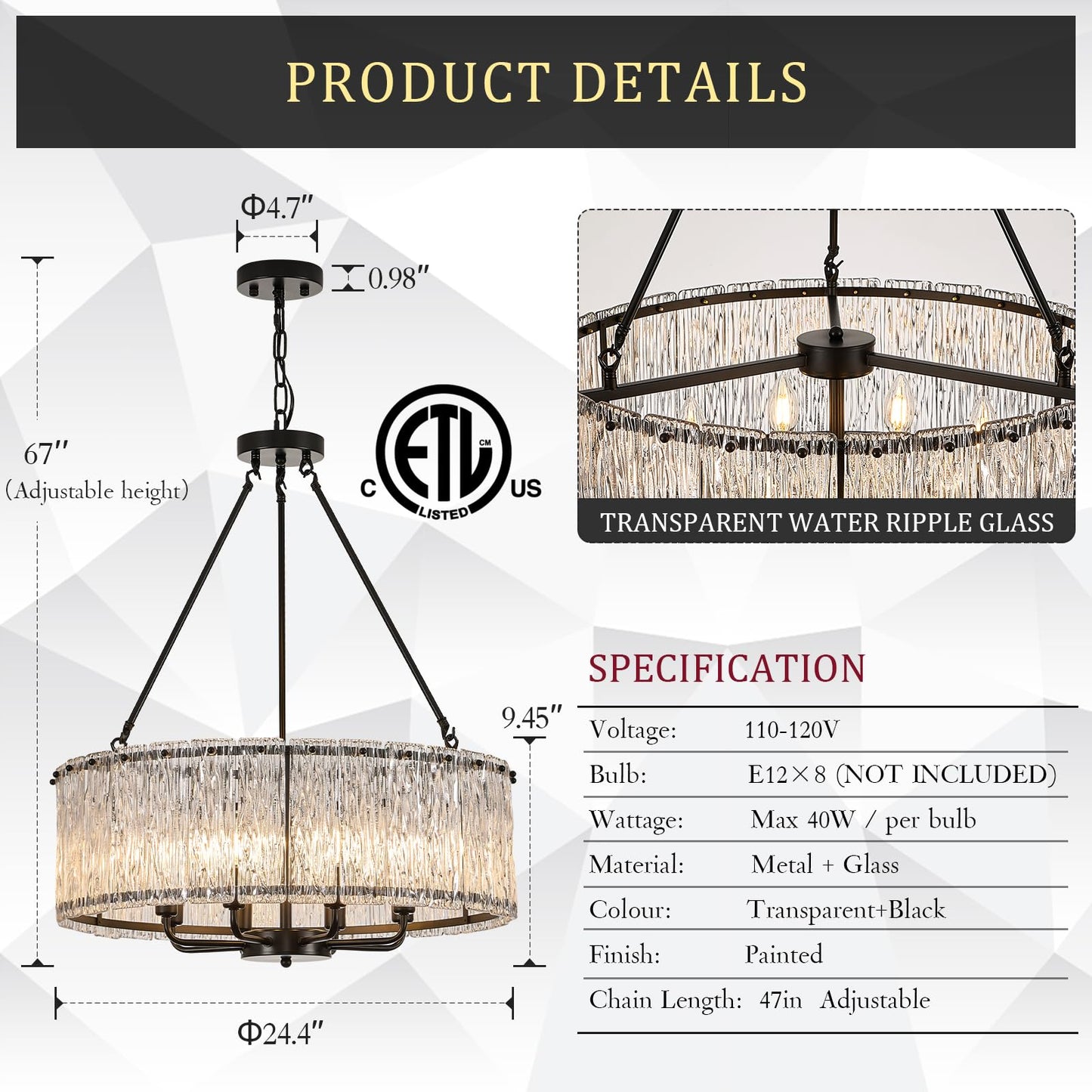 Modern Drum Chandelier 24.4 Black Crystal Glass Chandeliers 8-Light stylish Ceiling Pendant Lighting Fixture For Dining Room Foyer Living Room Bedroom