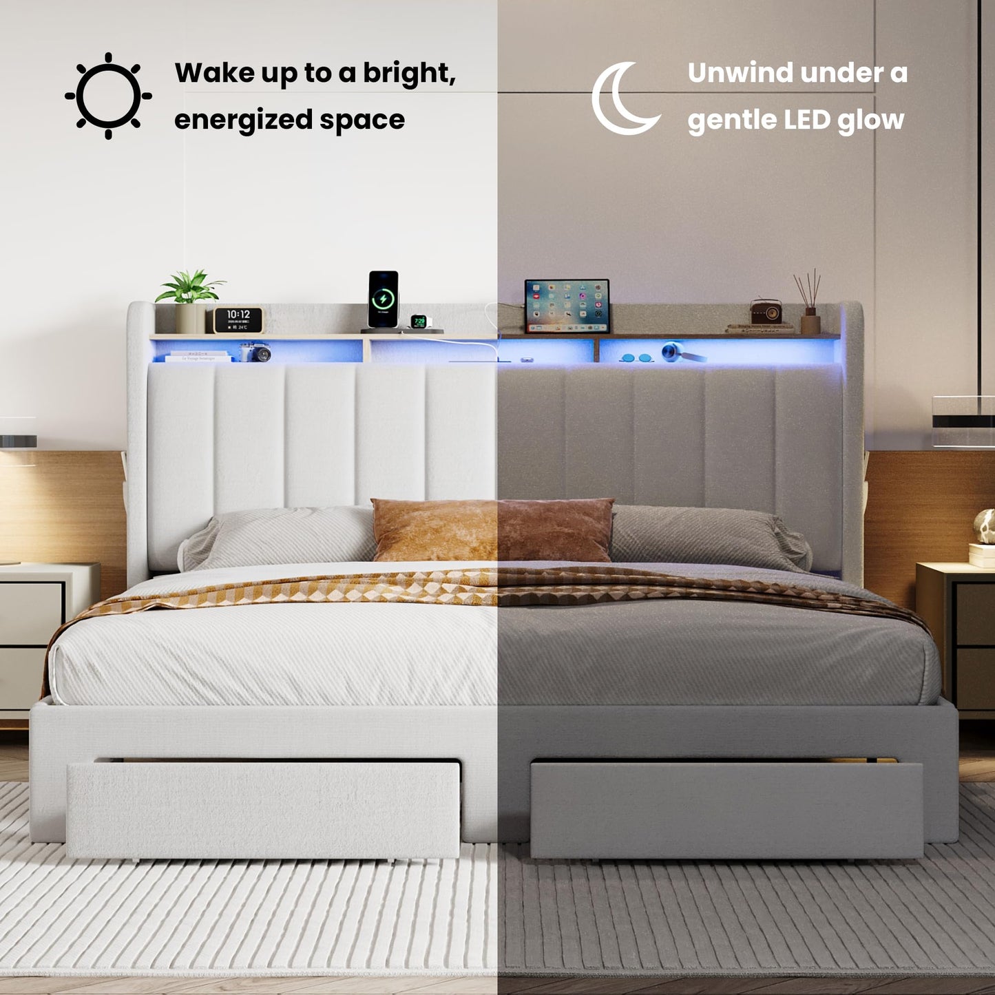 SHA CERLIN Velvet King Size Bed Frame with Vertical Channel Tufted Wingback Headboard & 2 Storage Drawers/2-Tier Shelves with LED Lights & Charging Station/Noise-Free/No Box Spring Needed/White