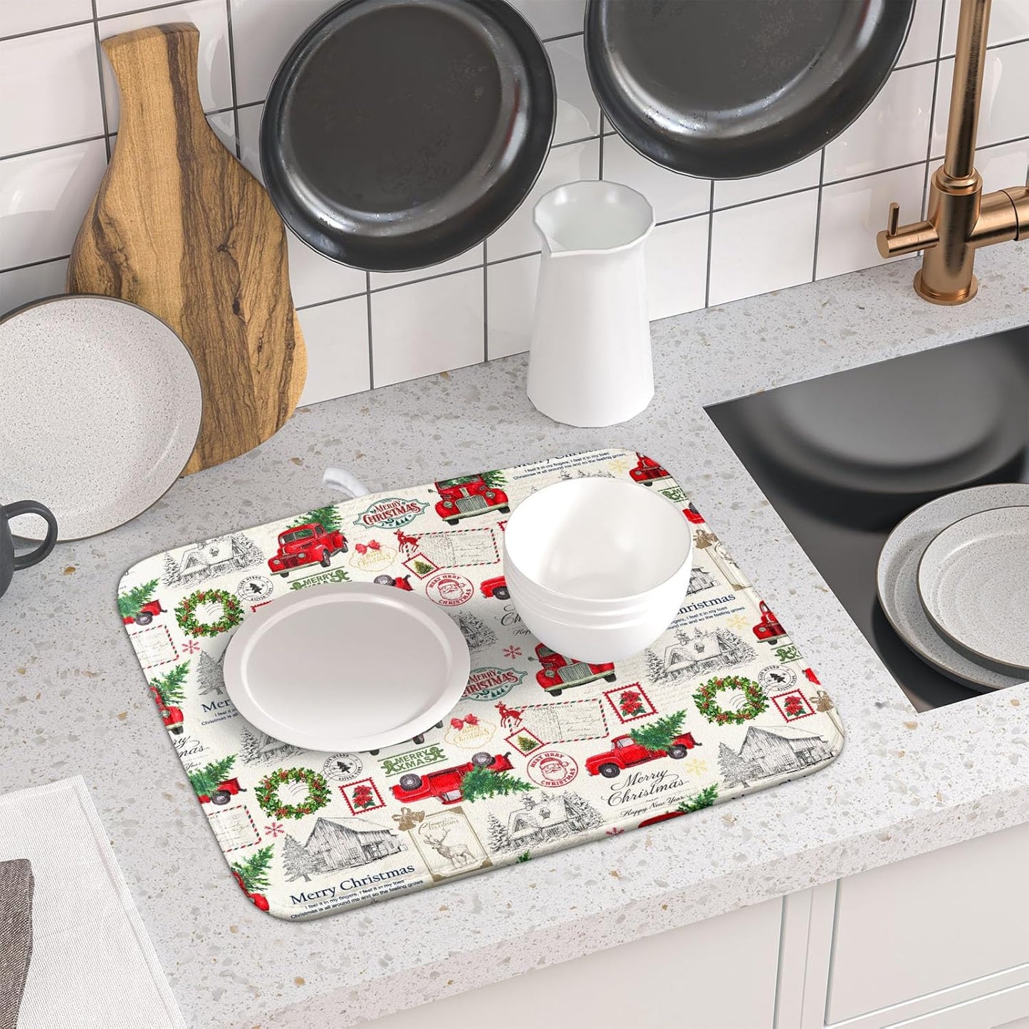 Christmas Red Truck Dish Drying Mat for Kitchen Counter Vintage Xmas Theme Drying Mat 16x18 Inch Winter Holiday Absorbent Dish Drainer Mat Christmas Kitchen Accessories