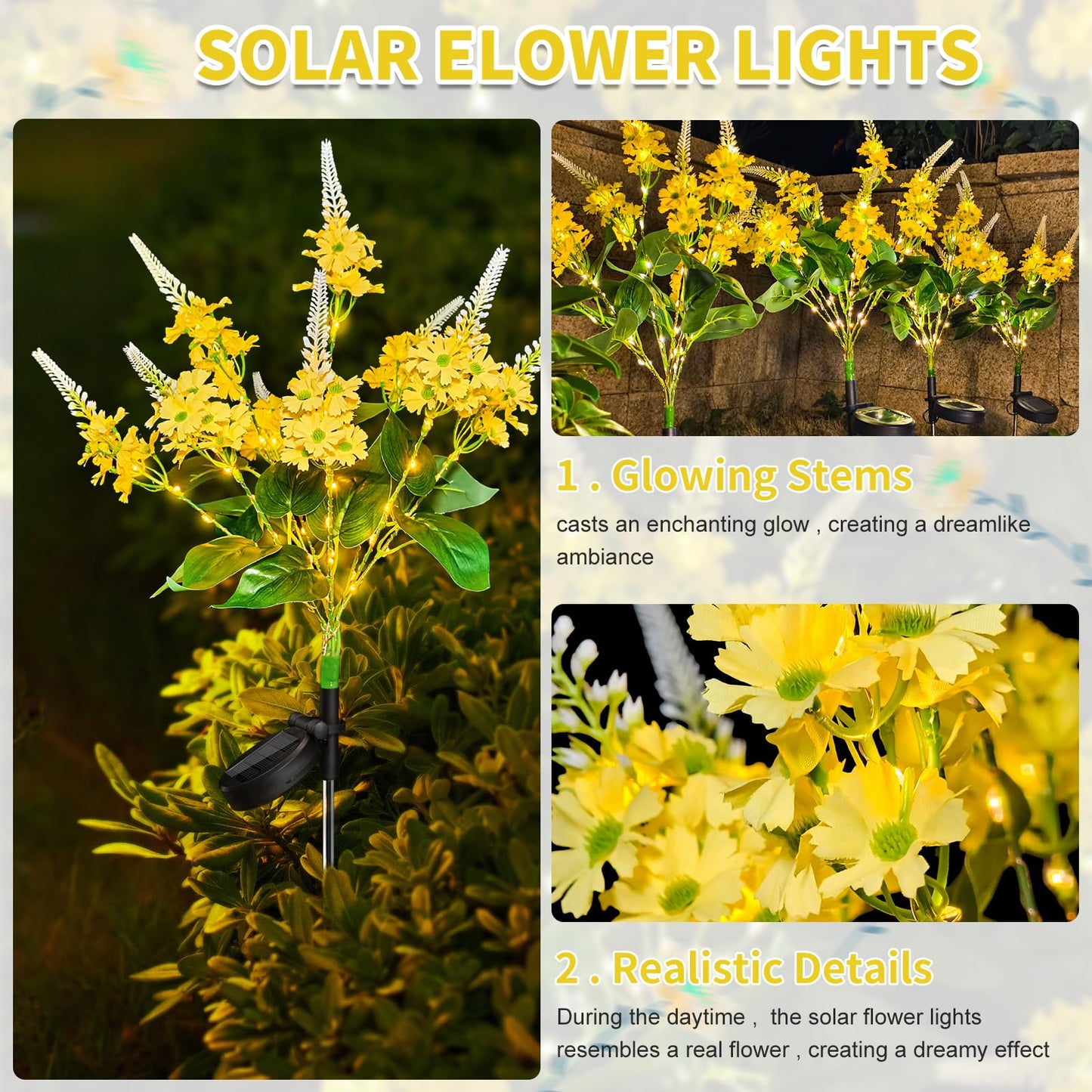 Neporal Solar Flowers - Outdoor Waterproof Decorative Garden Lights, 8-Stem, 2 Lighting Modes, Yellow