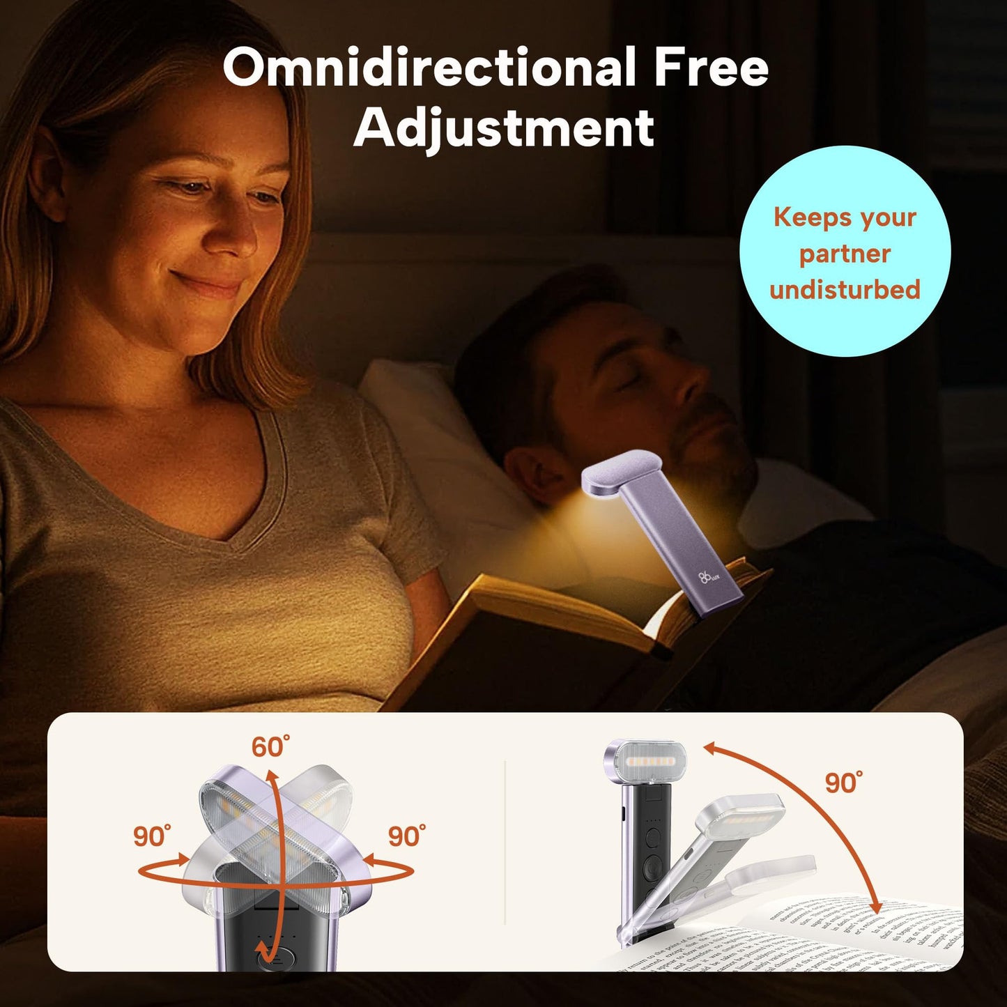 86lux Book Light USB Rechargeable LED Night Light with 3 Colors Dimming, Model OK25, Lavender