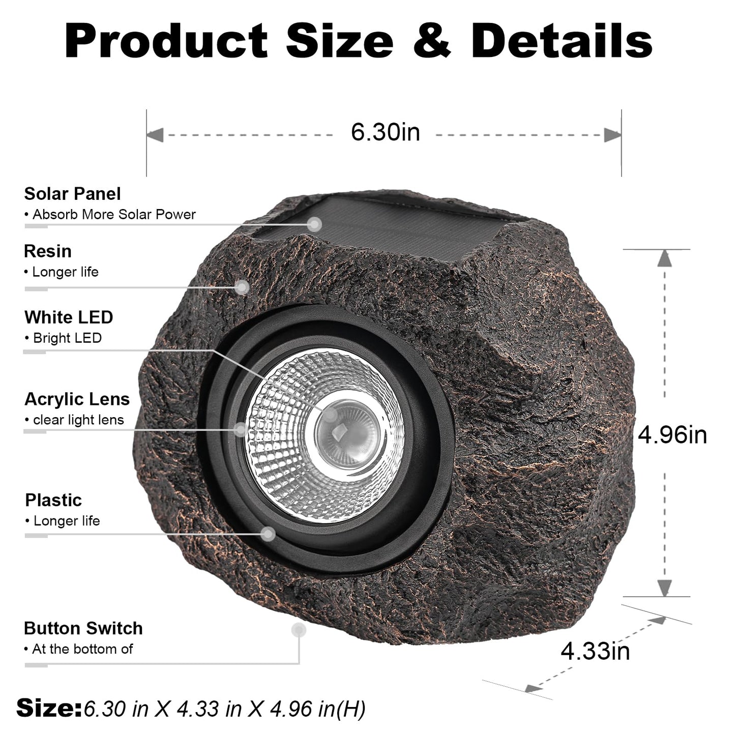 Candieslife Solar Garden Rock Lights - IP65 Waterproof LED Spotlight, 2 Pack, Bronze, Resin for Pathway and Yard