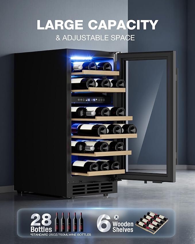 15 Inch Dual Zone Wine Refrigerator, 28 Bottle Under Counter Wine Fridge for Built-In or Freestanding, Wine Cooler with Removable Shelves, Double-Layer Glass Door, for Home, Office (Black)