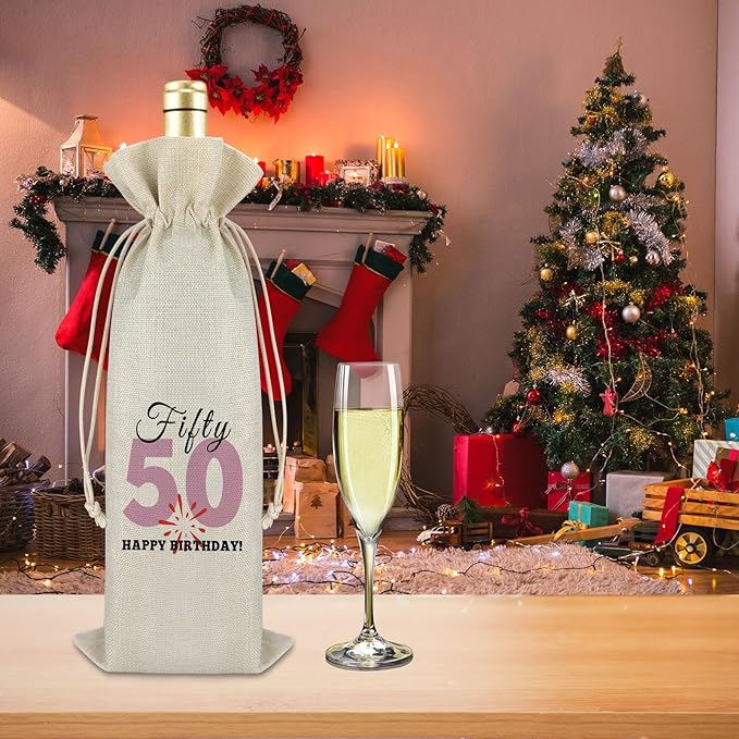 50th Birthday Gift for Women Men Wine Bag Funny 50 Years Old Birthday Gift Drawstring Wine Bottle Bag Turning 50 Gift for Mom Father Friend Burlap Wine Wrap Bag Fifty Birthday Gift Wine Gift Bag