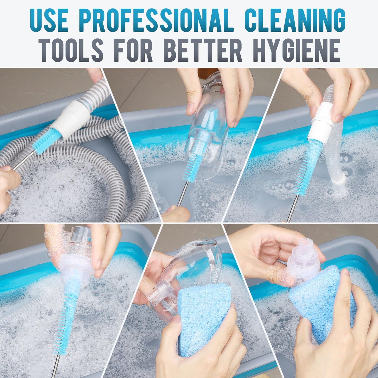 Tacare CPAP Cleaning kit Hose and Mask Brush with Collapsible Wash Basin Tub，Sponge and Storage Hag，6.9ft Extra Long Hose Brush, Compatible with 15mm and 22mm Hoses