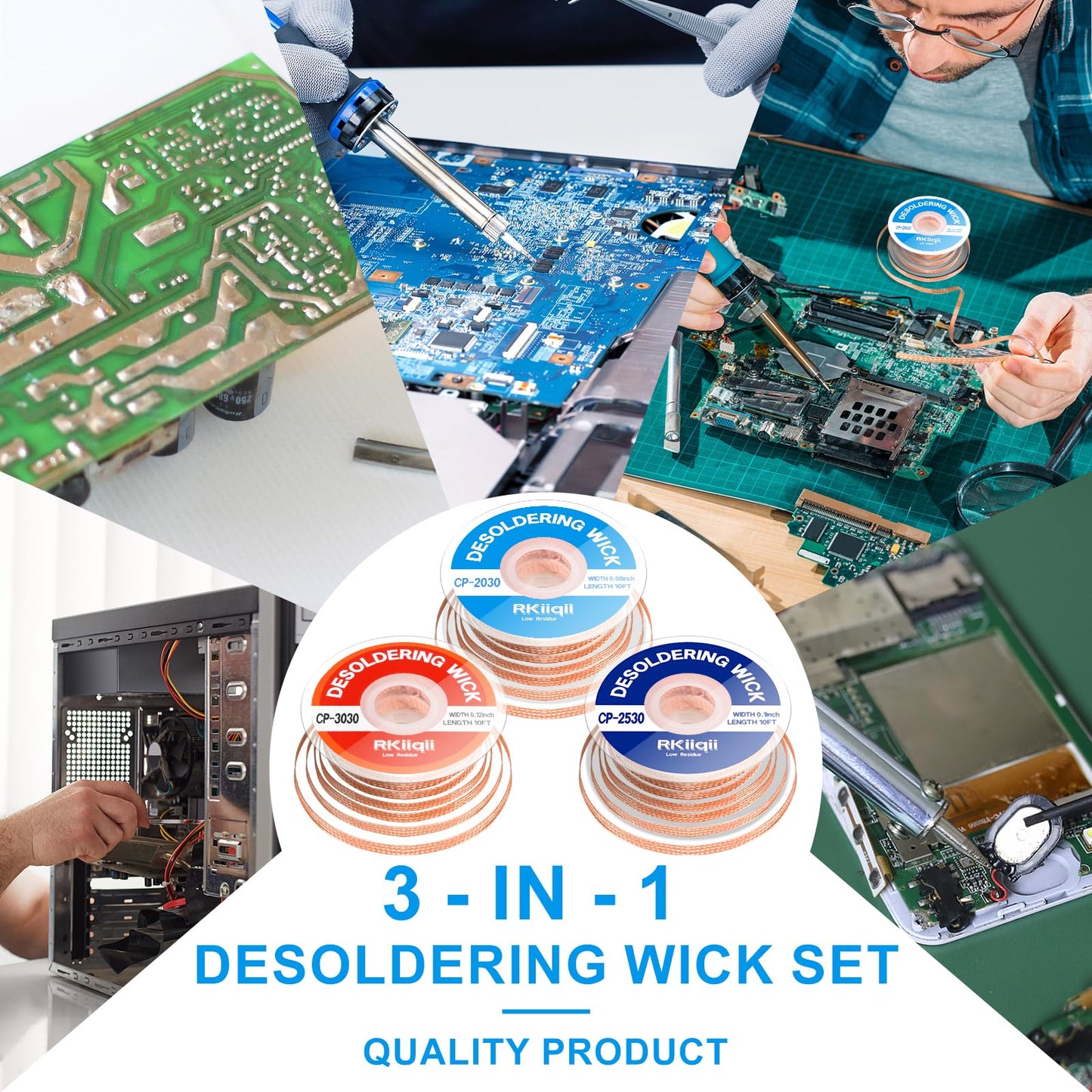 Rkiiqii 3pcs Solder Wick Braid with Flux, Upgrade Desoldering Wick (0.08/0.1/0.12in, 10ft Each) No Clean Low Residue Soldering Wick, Coated Braid for Electronics Component Repair, PCB Circuit Board