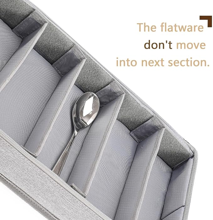 Flatware Utensil Storage Case, Grey Silverware Storage Box Chest with Adjustable Dividers, Removable Cutlery Storage Holder with Zipper Lid for Organizing Spoon/Flatware/Knives