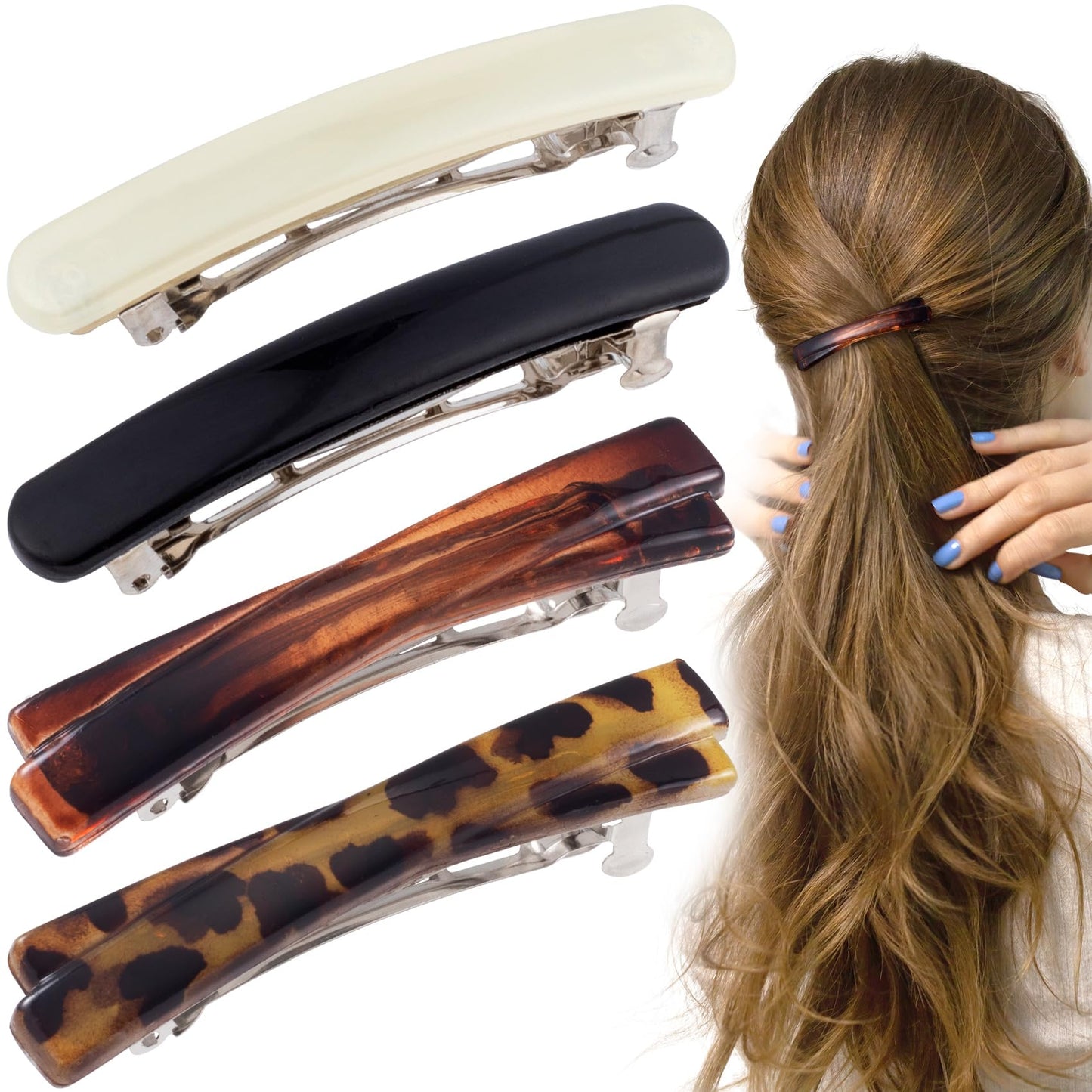 STSTR 4PCS French Barrette Hair Clips for Women, 2 Styles Small Tortoise Shell Hair Clip, Curved Glossy Thin Hair Flat Hair Acce