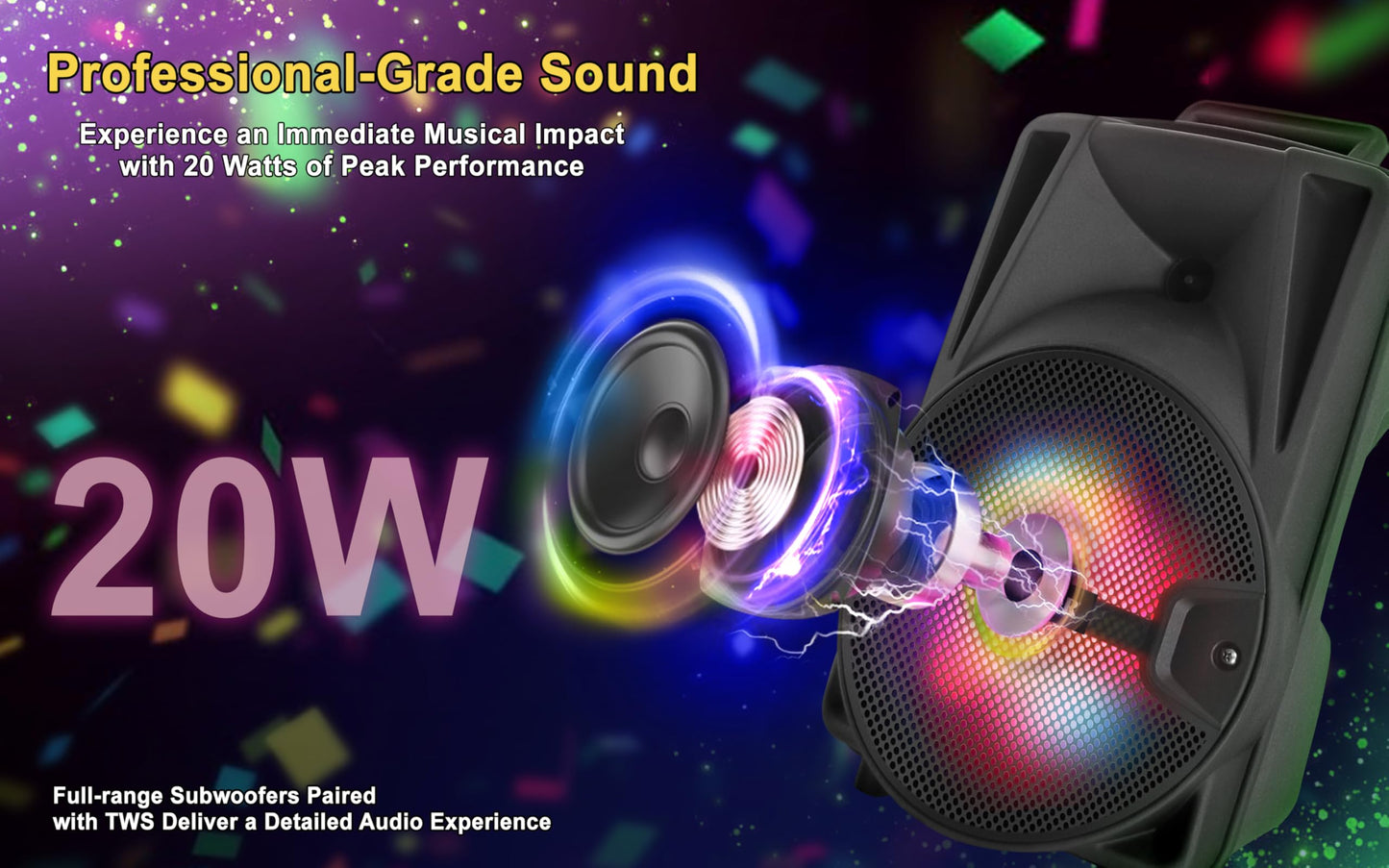 Fisher Portable Bluetooth Wireless Speaker System: 8" Subwoofer 20W Peak Power w Loud HD Bass Sound & LED Lights, Rechargeable, Karaoke, TWS Pairing, USB Port, FM Radio, Speaker Stand