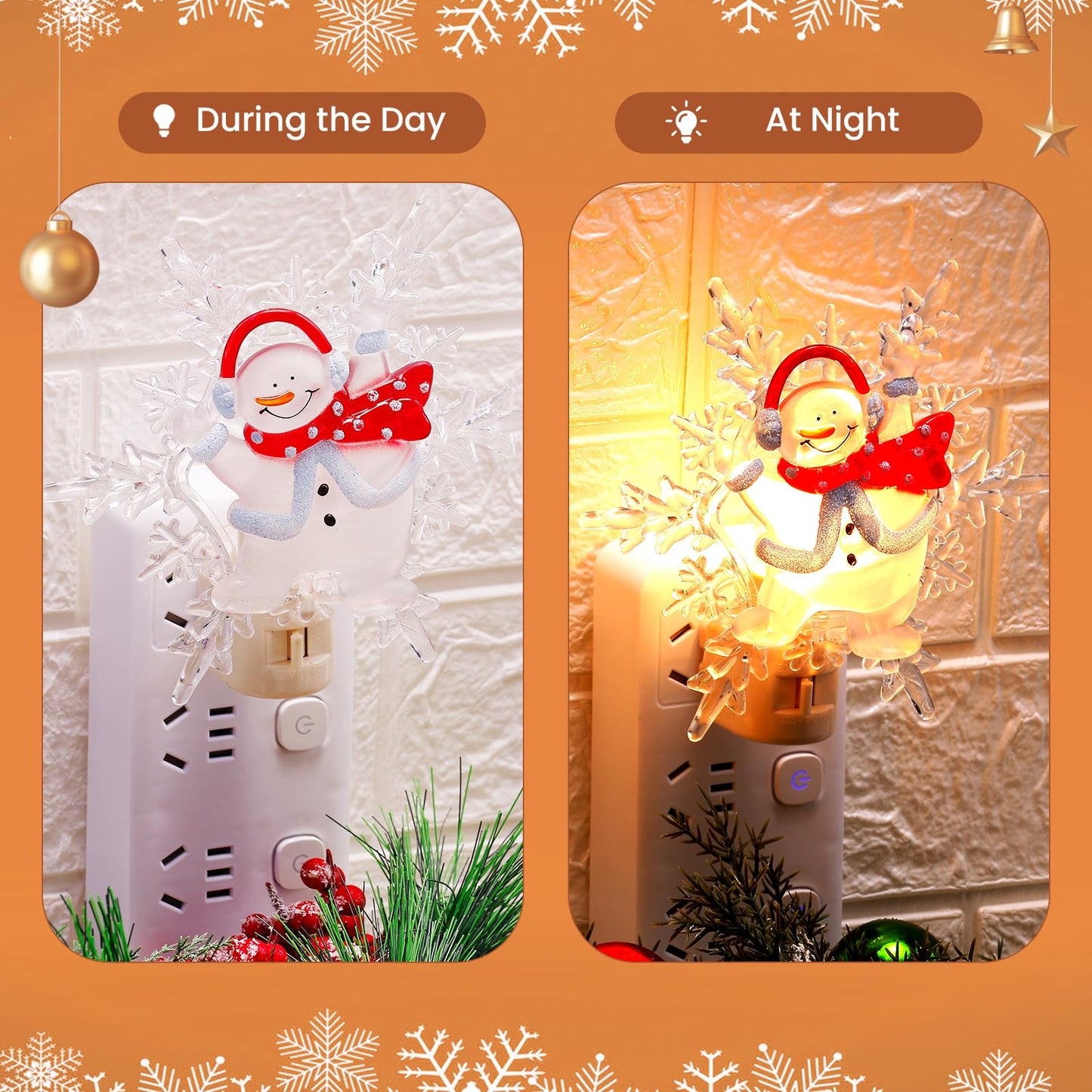 Brightown Christmas Snowflake Night Light Plug-In - 2 Pack 6 Decorative Christmas Snowflake Night Light With On/Off Switch  Plastic Christmas Night Light For Bedroom Living Room Porch Holiday Decor