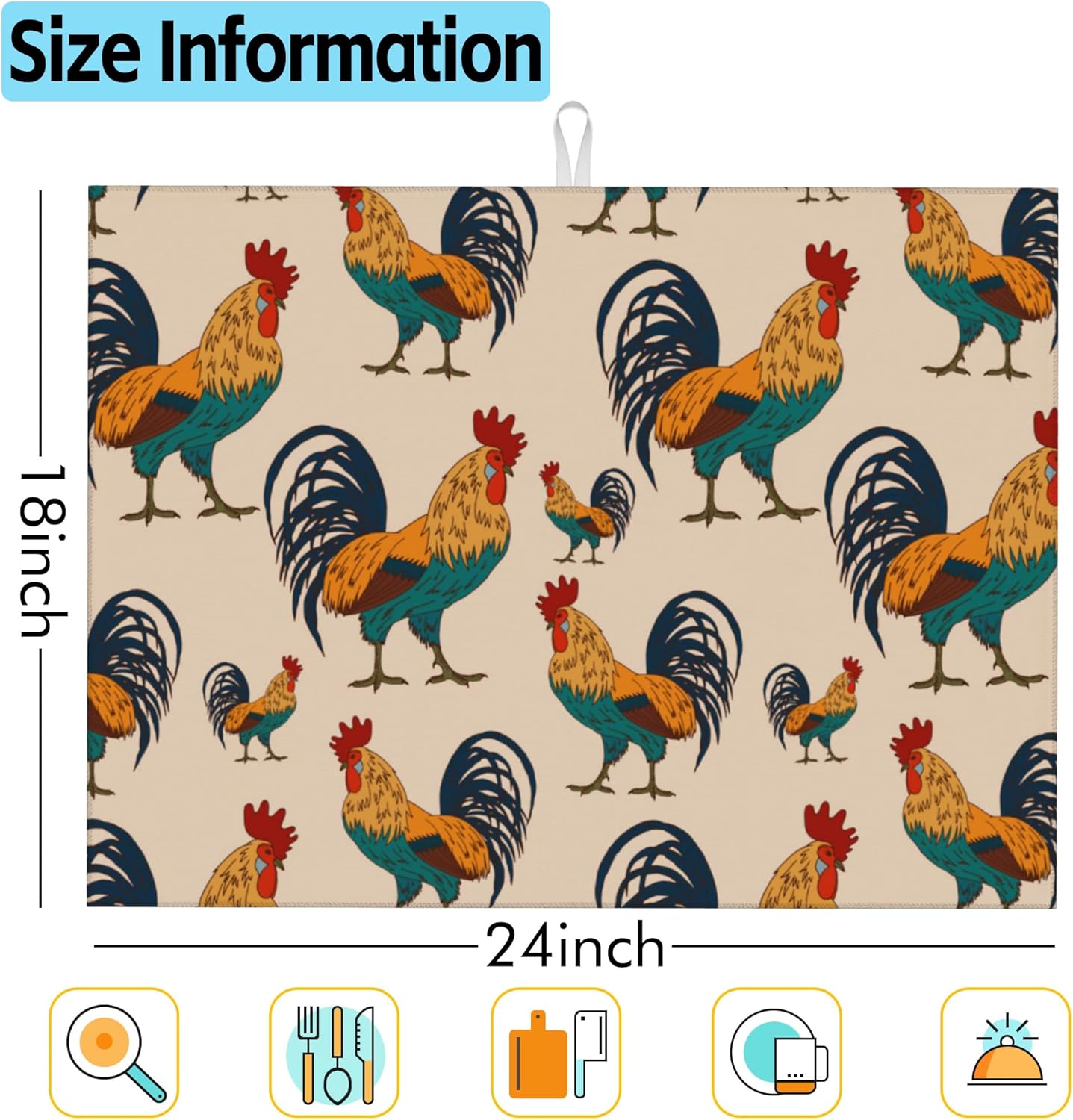 Large Dish Drying Mat for Kitchen Counter,18"X24" Beautiful Rooster Cock Super Absorbent Reversible Microfiber Dish Drying Mat Dish Drainer Mat,Dishes Mat Drying Pad for Kitchen Countertop Coffee Bar