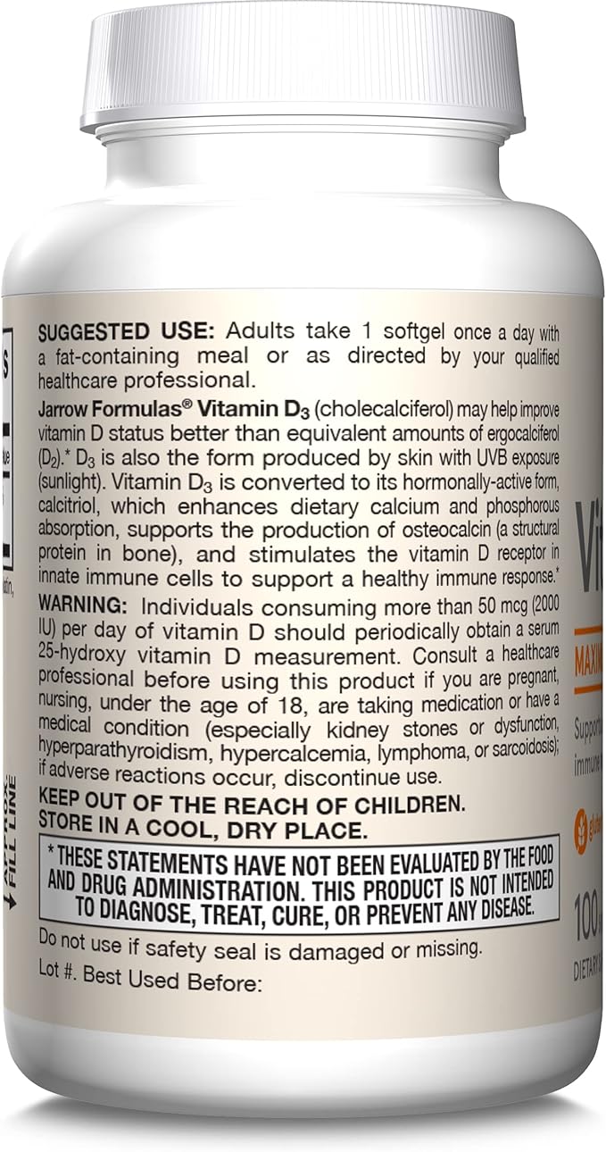 Jarrow Formulas Vitamin D3 125 mcg (5000 IU) - 100 Servings (Softgels) - Bone Health, Immune Support & Calcium Metabolism Support - Vitamin D Supplement - D3 Vitamins - 5000 IU Vitamin D - Gluten Free