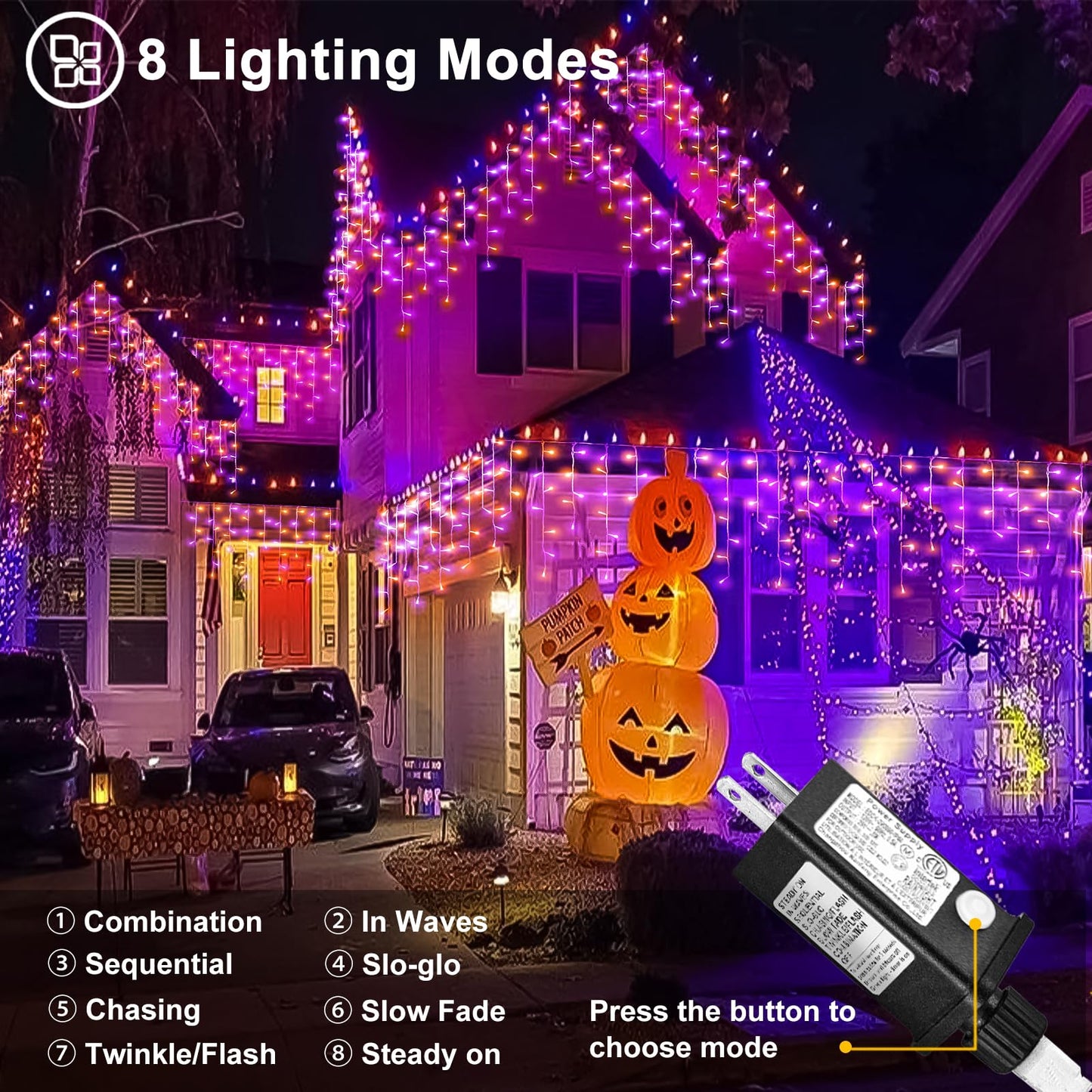 66Ft Christmas Lights Outdoor  640 Led Icicle Lights For Outside  Orange And Purple Twinkle Lights With Connectable Clear Wire 8 Modes Timer Waterproof For House Party Tree Holiday Yard Decorations