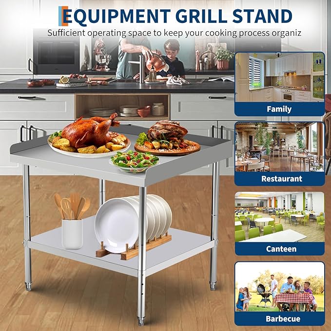 36x28x30 in Stainless Steel Equipment Grill Stand Table 400 LBS Capacity NSF Certified with Adjustable Legs, 2 in Edge Baffle, for Hotel, Home, Commercial Restaurant Kitchen