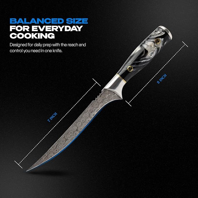 Handmade Damascus 7" Fillet Knife - Flexible Kitchen Knife for Precise Cutting, Ideal Boning Knife for Meat & Fish Fillet, Premium Filet for Fish