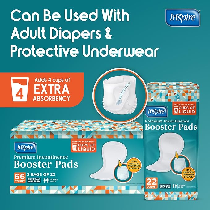 Inspire Ultra Absorbency Incontinence Booster Pads | Absorbs Over 4 Cups! | for Women or Men, Adhesive Strip Use in Incontinence Underwear and Diapers Leak-Free (66 Count)