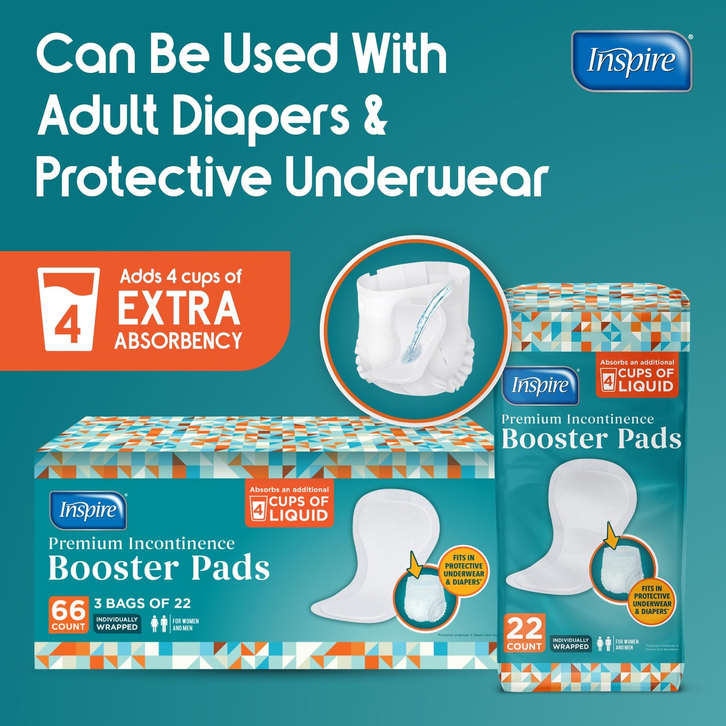 Inspire Ultra Absorbency Incontinence Booster Pads | Absorbs Over 4 Cups! | for Women or Men, Adhesive Strip Use in Incontinence Underwear and Diapers Leak-Free (22 Count)