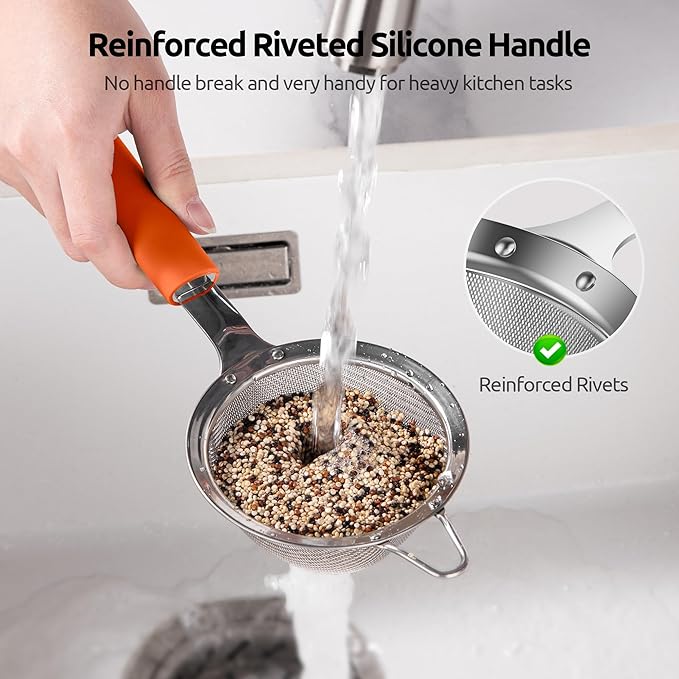 U-Taste Fine Mesh Food Strainer: 18/8 Stainless Steel 30 Mesh Kitchen Sieve with Sturdy Riveted Silicone Handle, Heavy Duty Deep Handheld Metal Colander (Small/3.35in+Medium/4.73, Orange)