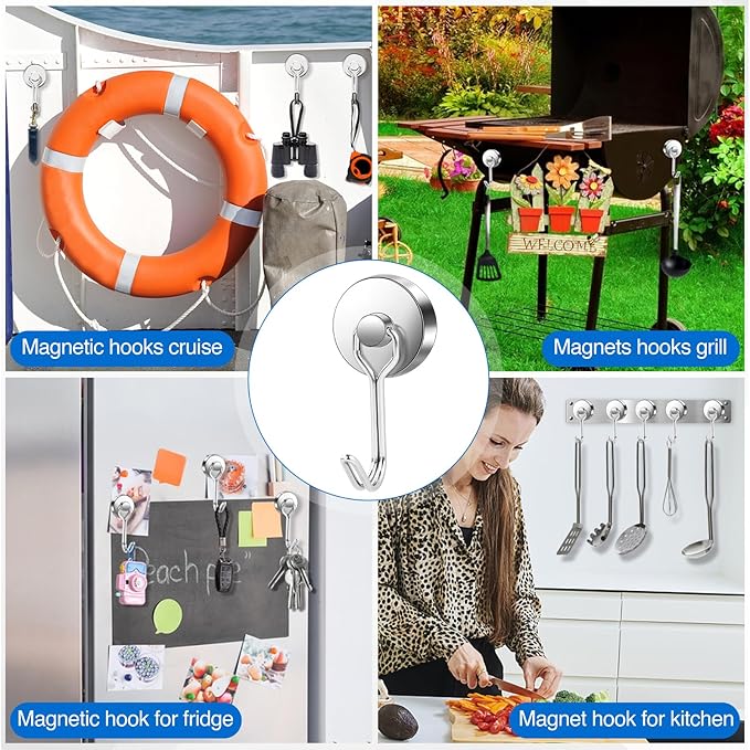 LOVIMAG Hooks, 85lbs+ Magnetic Magnet Hook 2025 Cruise Cabin Ship Essentials Heavy Duty Strong Refrigerator Fridge Hanging for Classroom Beach Vacation Kitchen Grills Home Mug Hanger (6 Pack), Silver