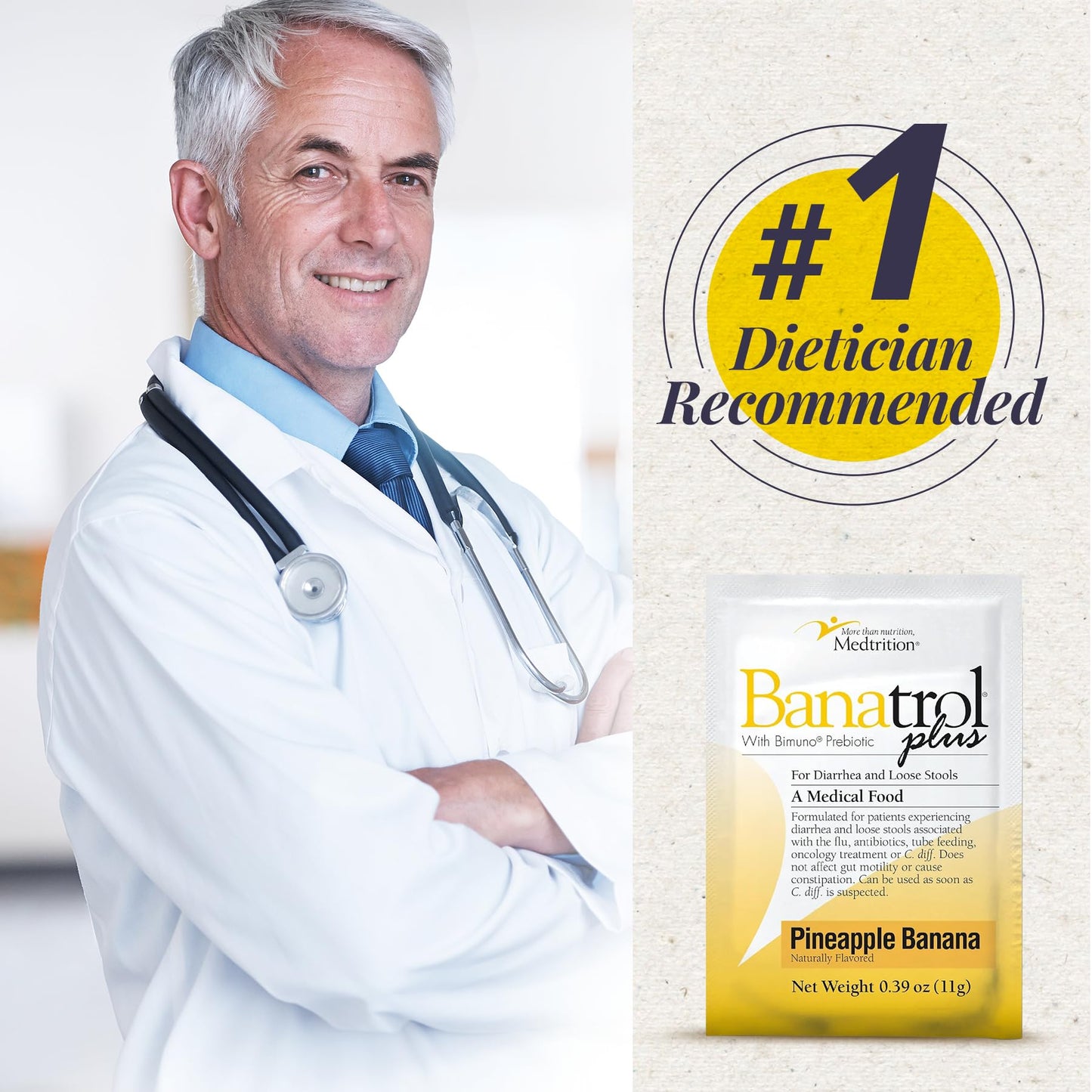 Medtrition Banatrol® Natural Anti-Diarrheal with Prebiotics, Relief from Chronic Diarrhea, IBS, Recurring Diarrhea, Clinically Supported Medical Food, Non-Constipating, 25 Servings (Pineapple)