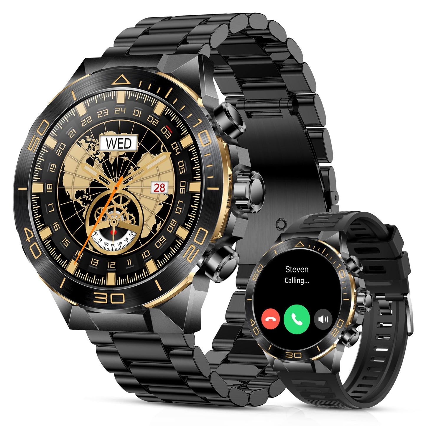 Smart Watch for Men Answer/Make Call for Android iPhone, 1.43" AMOLED HD Screen Mens Luxury Watch, 400mAh Heavy Duty Smartwatch Heart Rate Blood Oxygen Blood Pressure Sleep Monitor Pedometer, 2 Straps