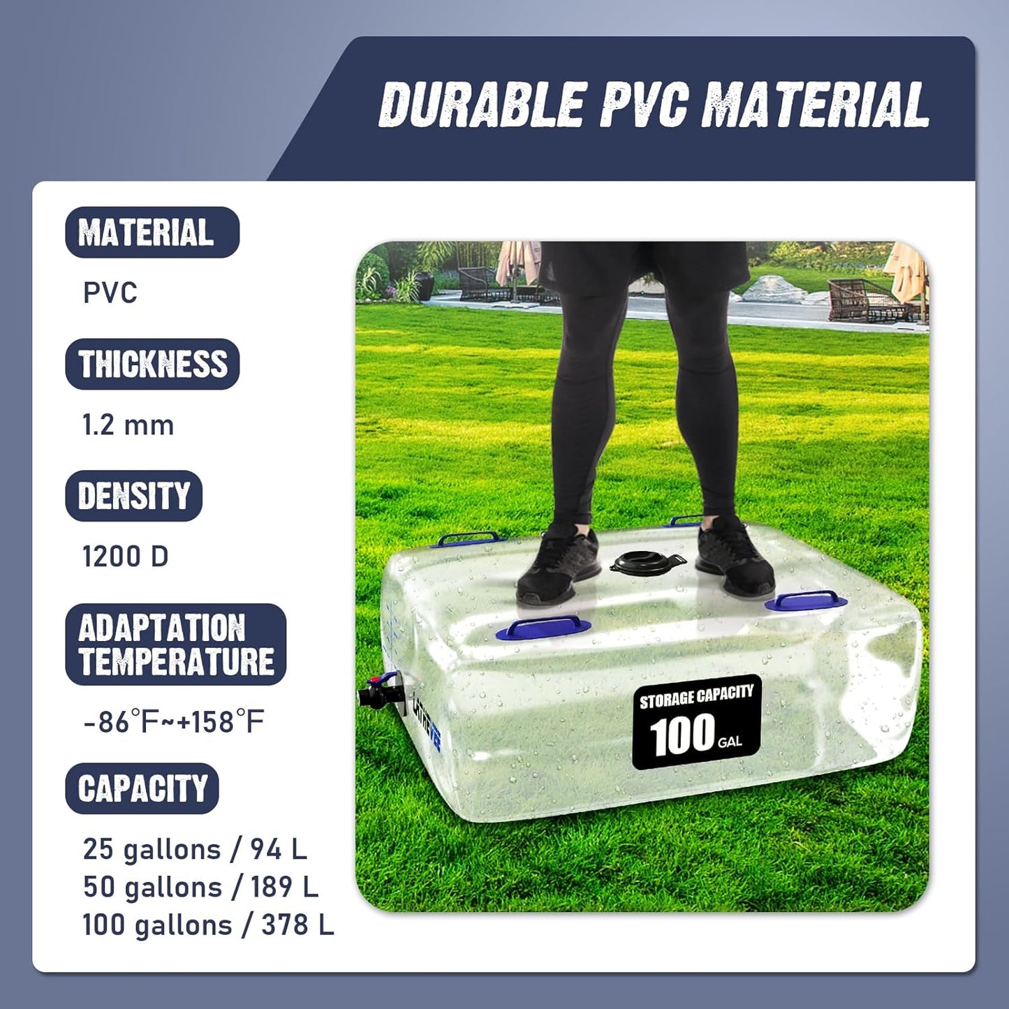 Water Storage Bladder, 50 Gallon Portable Water Tank, Transparent and Foldable with 4 Types of Interface Accessories, Suitable for Gardens, Emergency Situations,