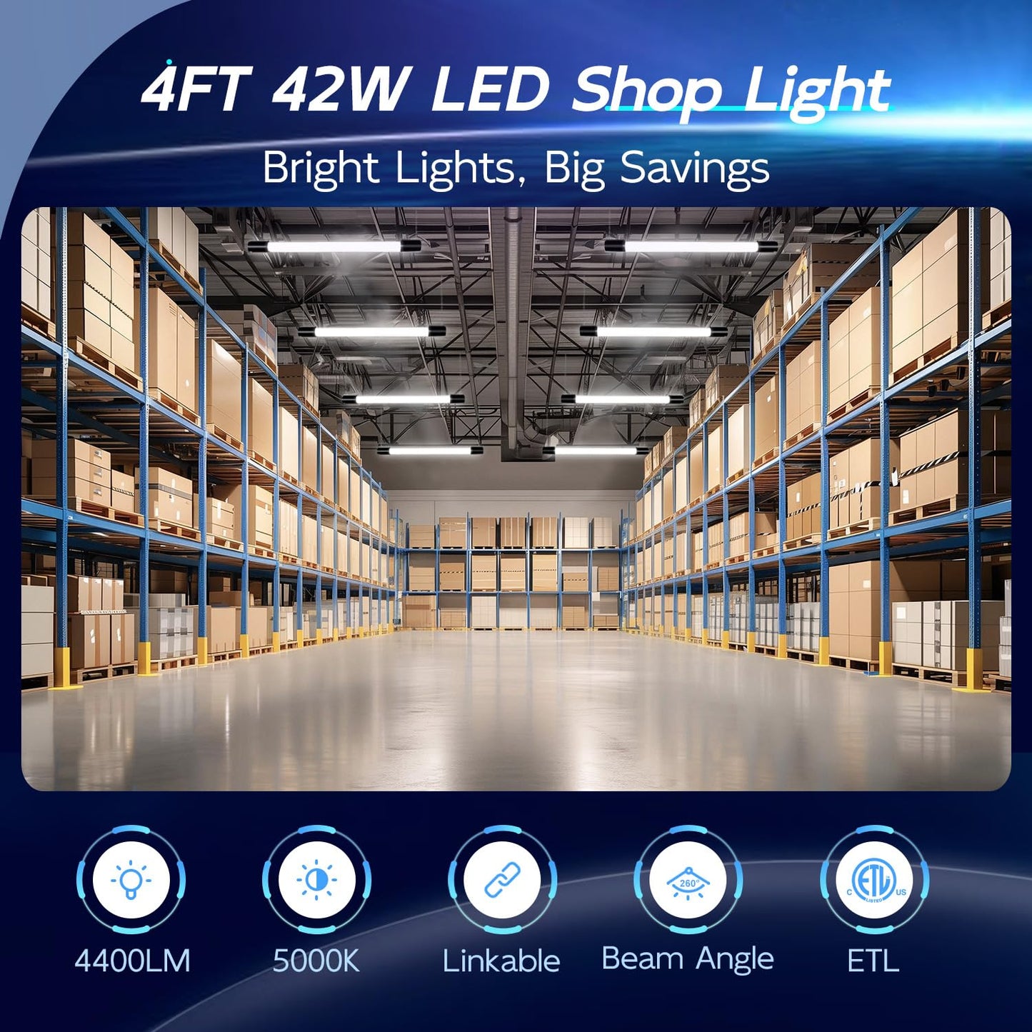 hykolity Linkable LED Shop Light, 4400lm, 4FT, 42W, Aluminum, Black, 4 Pack, ETL