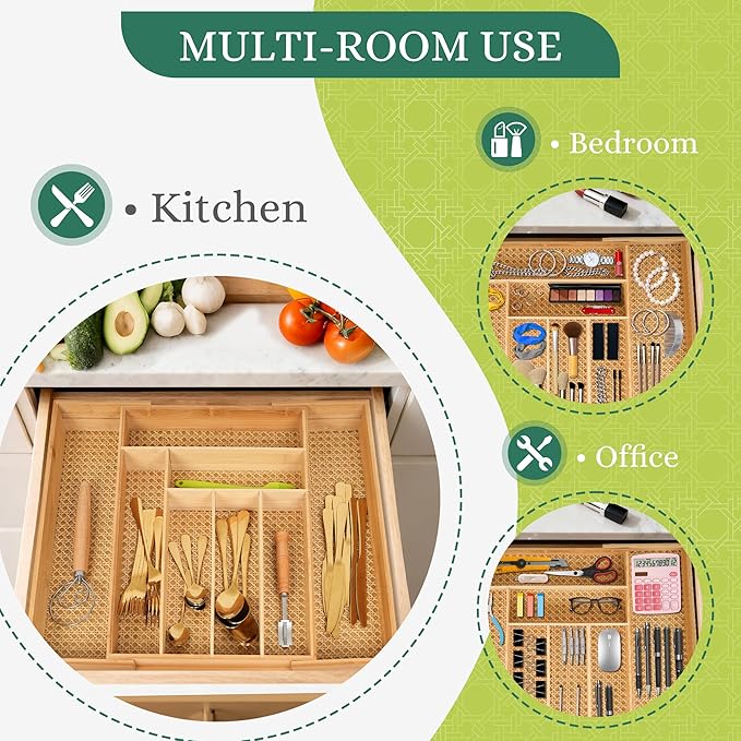 Bamboo & Rattan Expandable Drawer Organizer – Rustic Wood Utensil Holder, Cutlery Tray for Kitchen & Office – Adjustable Width 13" to 22", Size 13"x18"x2.6"