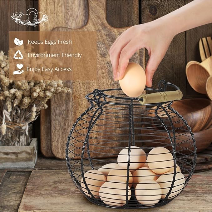 Flexzion Chicken Egg Basket Wire Egg Holder with Wooden Handles for Egg, Fruits, Vegetables Storage, Display Metal Mesh, Basket Holder Countertop for Farmhouse Rustic Kitchen Counter Organizer, Black