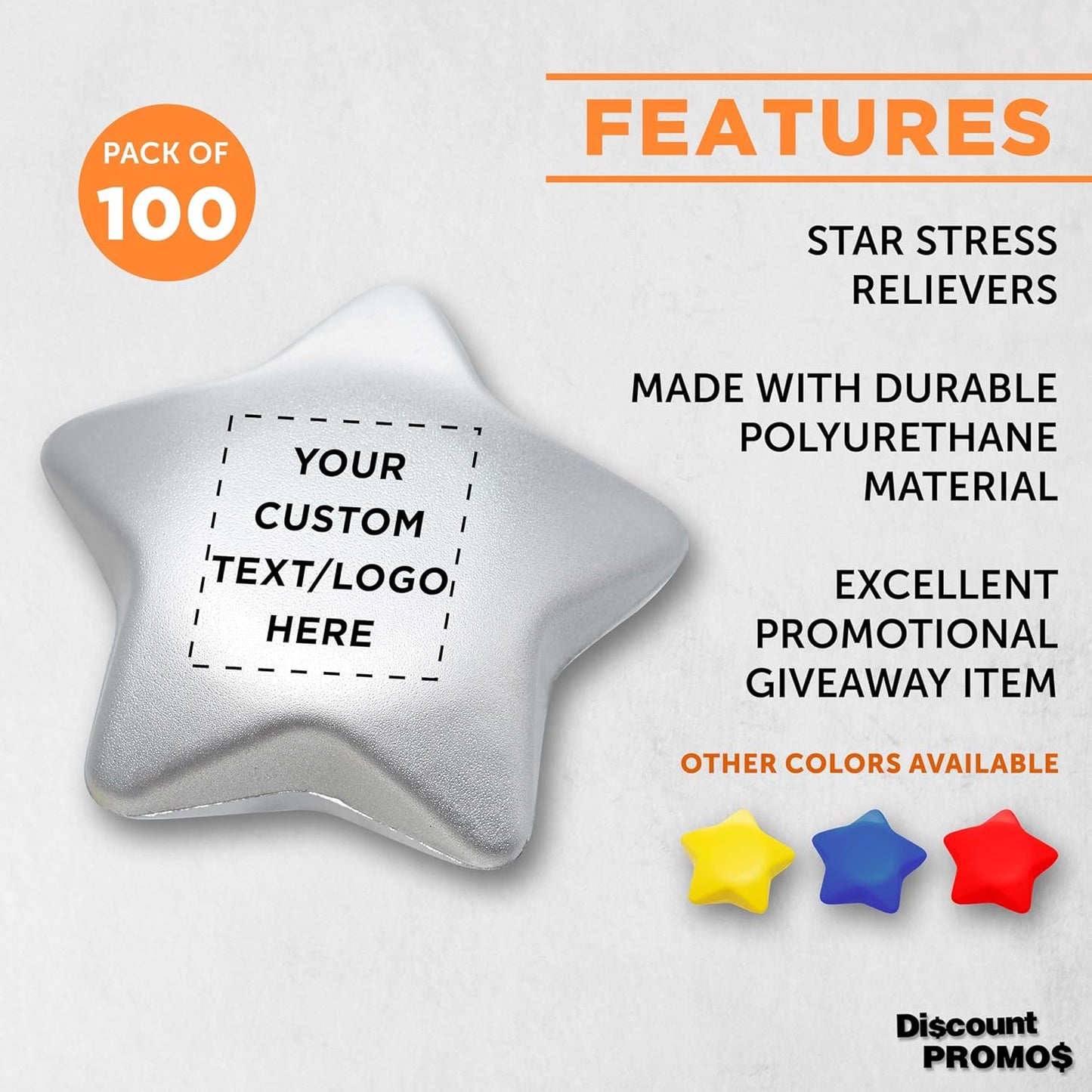 DISCOUNT PROMOS Custom Star Squeeze Balls Set of 100, Pesonalized Bulk Pack - Perfect for Promotional Giveaways - Silver