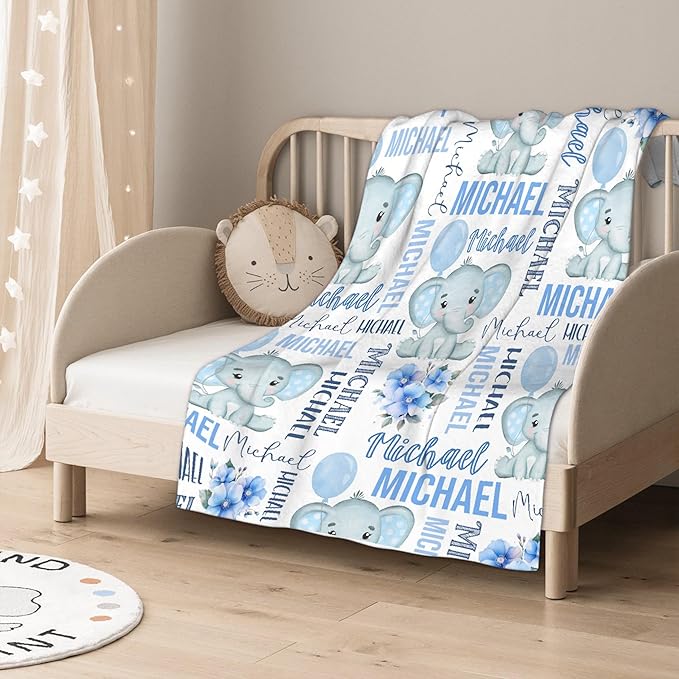 Personalized Baby Blanket for Girls Boys Kids Elephant Custom Baby Blanket with Name Throw Birthday Gift for Toddlers Infants Shower Newborns Nursery Stroller Crib Bed Decor