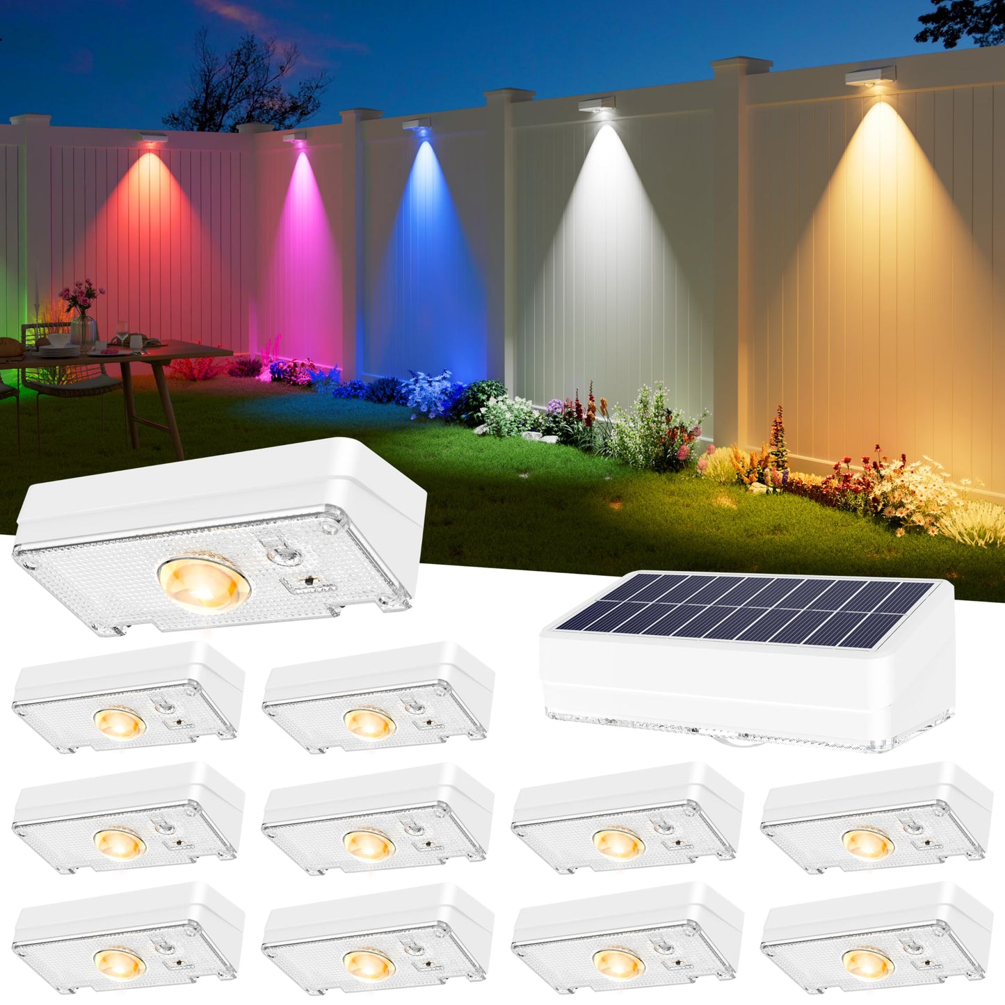 Jofios Solar Fence Lights Outdoor  12 Pack  50Lm Ultra Bright  10 Colors & 12 Lighting Modes Solar Deck Lights  Ip65 Waterproof  Dusk-To-Dawn Solar Powered Fence Light For Patio  Railing (White)